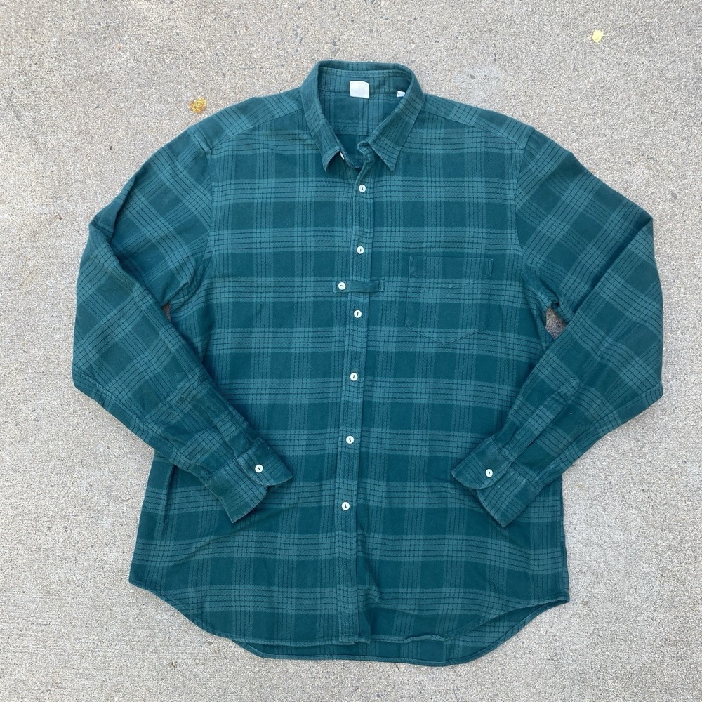 Adam Kimmel Plaid Shirt Green Large Made in Italy 100% Cotton Flannel